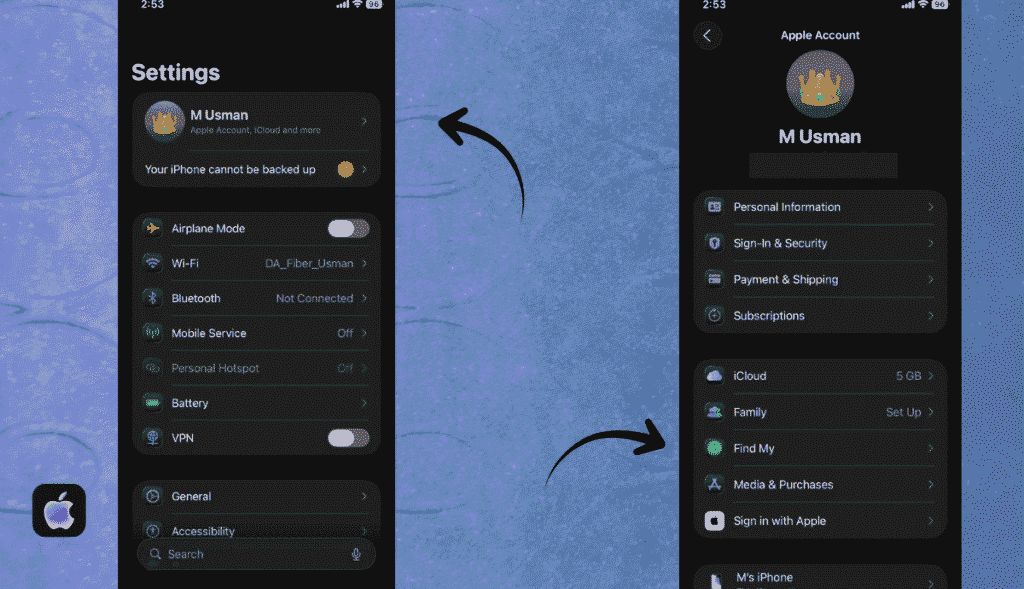 Find My settings menu on iPhone 11 showing Find My iPhone option.